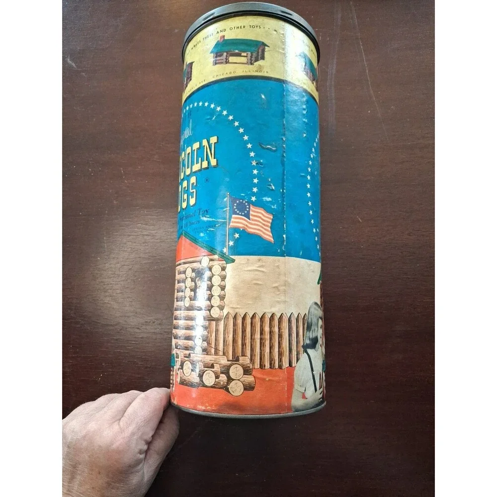 Vintage 1950s Lincoln Logs Set 2C in Round Canister
